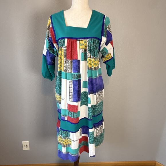 Krist Gudnason Vintage Midi Lounge Caftan Patchwork Dress Size L Pockets MuuMuu - Picture 2 of 9